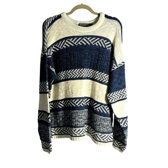 David Taylor 80" 90's Acrylic Crew Neck Sweater Navy Blue and White Sz LT - Picture 1 of 8